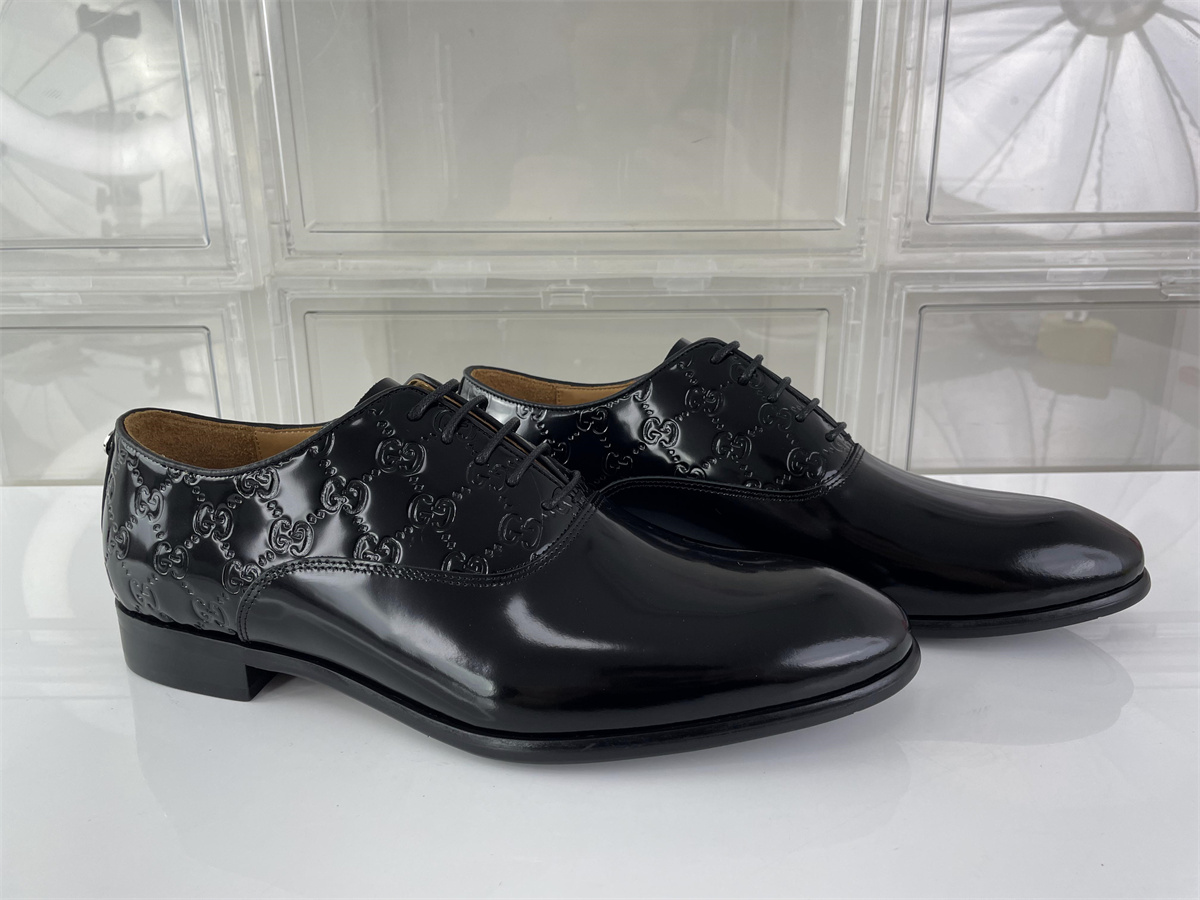 GUCCi Side Full LOGOs Male Black Cowhide Leather dressing shoes, (EU39-46)