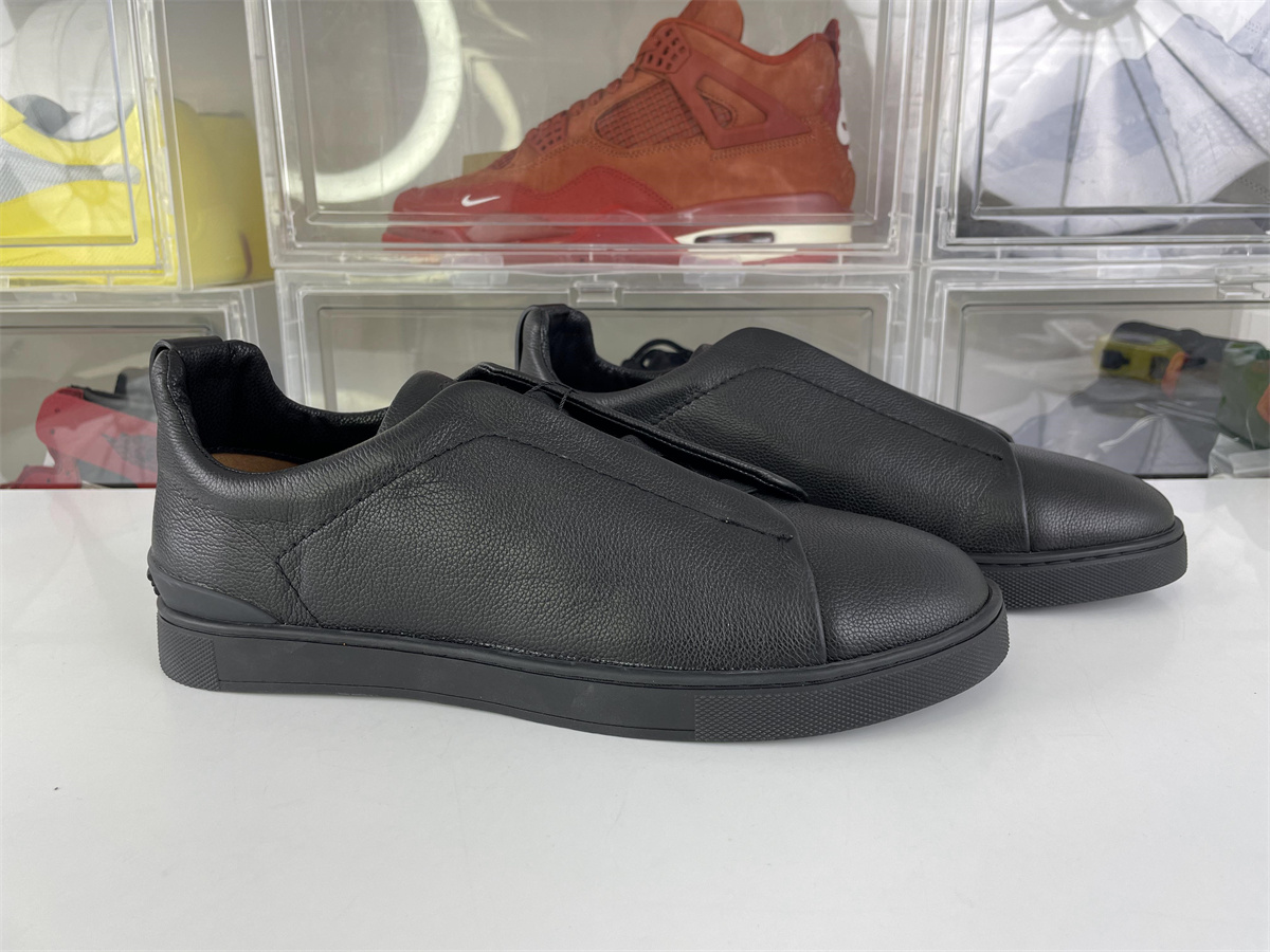 Zegna Triple Stitich Black Lichi Leather Casual shoes