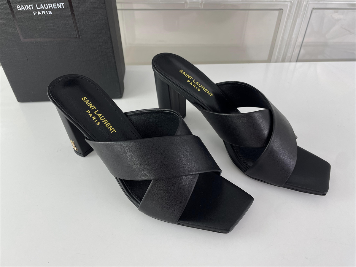 YSL Saint Laurent Black Crossing straps ladies thick heel, (7cm)