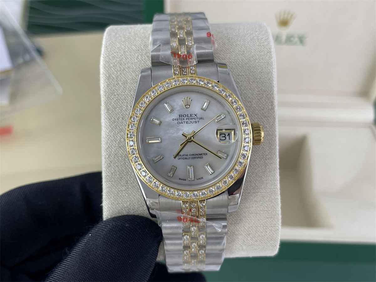Rolex Gold Pearl Dial Plate Battery Watch with Zircon stone, 31mm