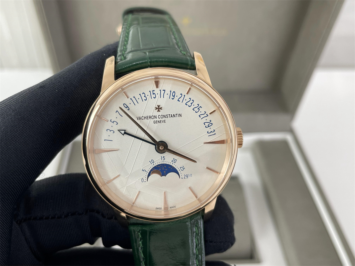 Vacheron Constantin Rose Gold White Green leather swiss machine watch, 42.5mm