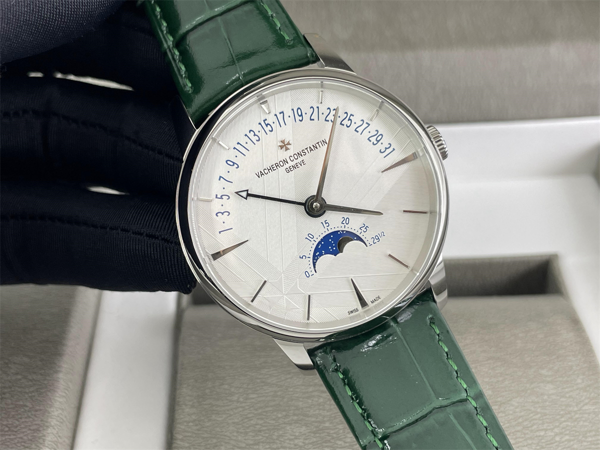 Vacheron Constantin Rose Silver White Green leather swiss machine watch, 42.5mm
