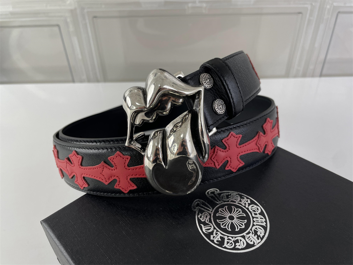 Chrome Heart Silver Big Tongue Black Leather Belt with Red LOGO, (85 - 125 cm)