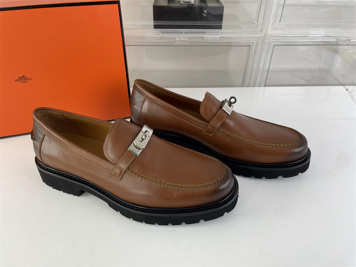 H brand Hermes Brown Leather Dressing Shoes, (EU38-46)