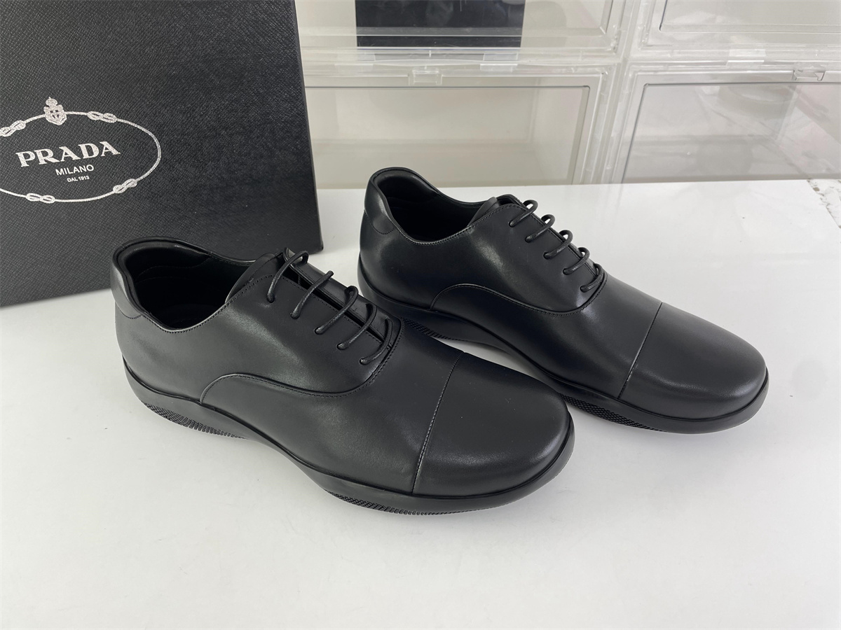 PRADA Male Black Leather Derby Shoes, (EU39 - 45 )
