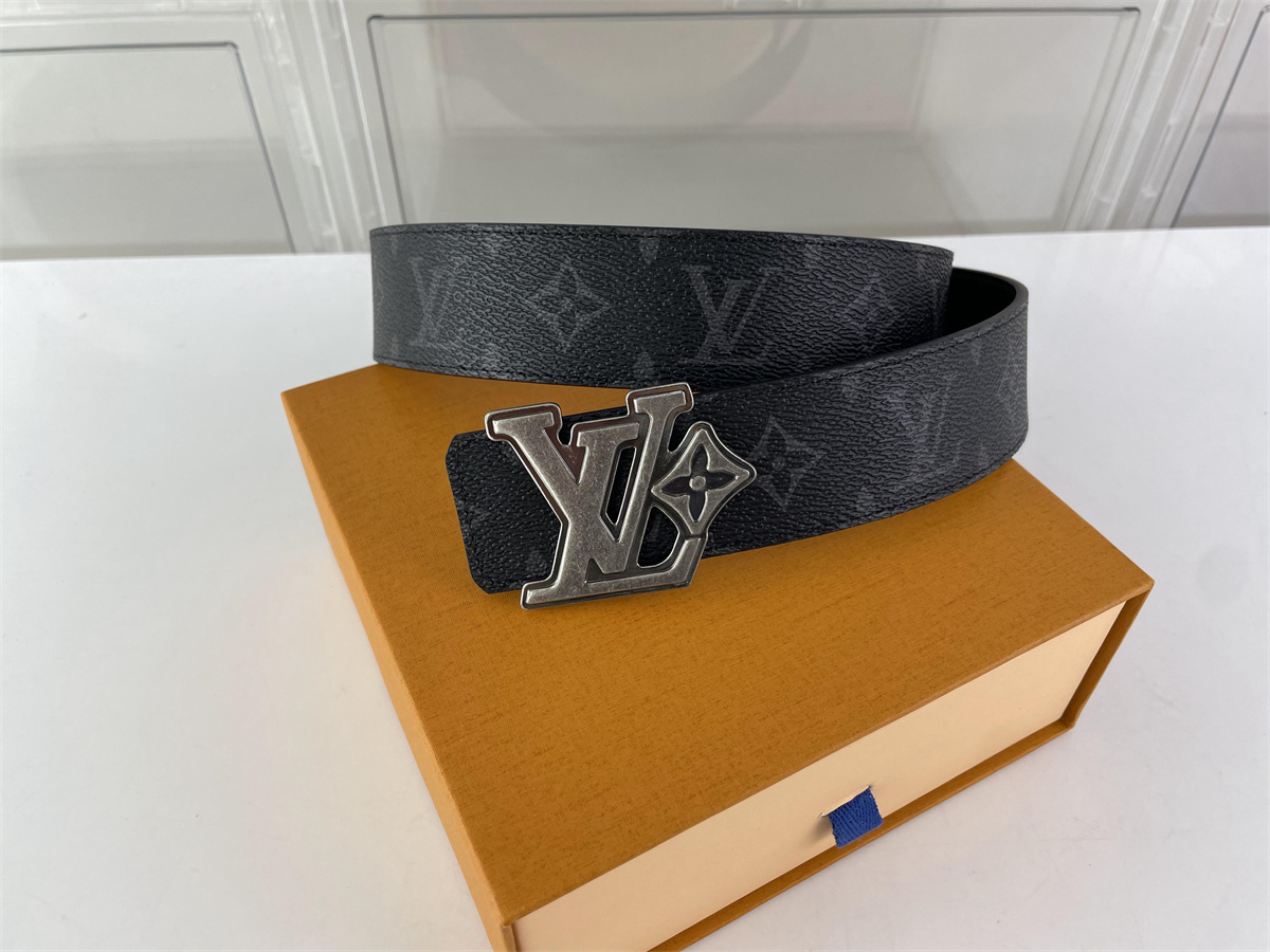 LV Louis Vuitton Black Grey belt with Silver Head, (85-125cm)
