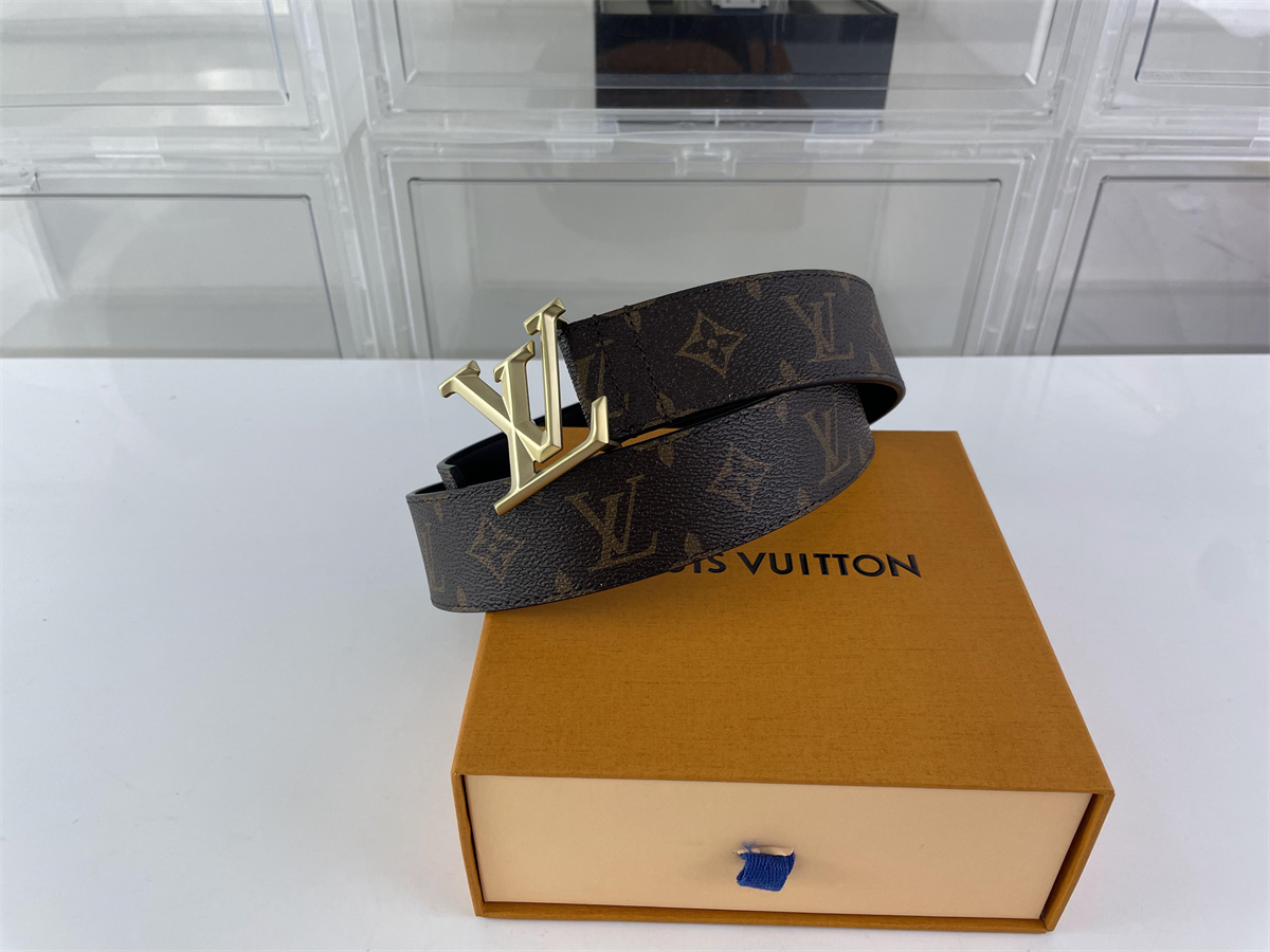LV Louis Vuitton Brown Leather Belt with Yellow Gold Head, (85-125cm)