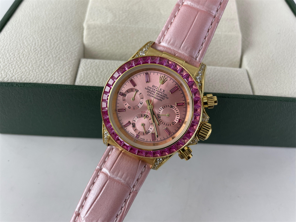 Rolex Dytona Pink Quartz Watch with Leather Band, 43mm