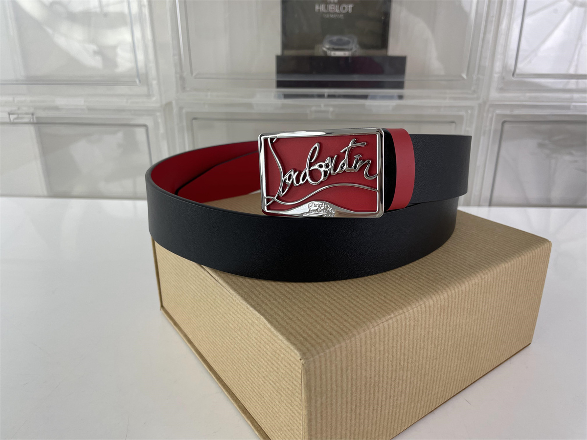 Christian Louboutin CL Black Red Leather Male Belt, (85-125cm)