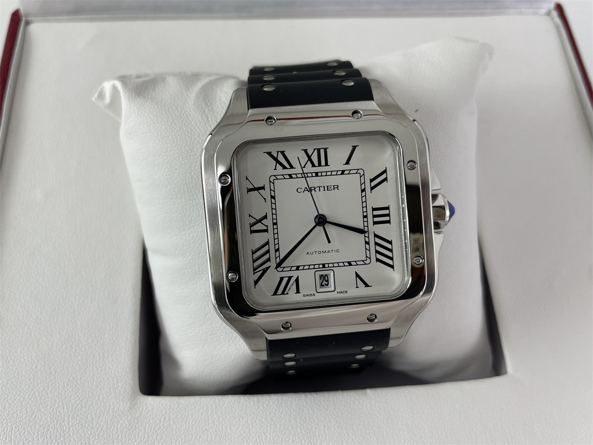 Cartier Santos White Silver with Black Rubber Band automachine Watch, (47.5 x 39.8 x 9.38 mm)