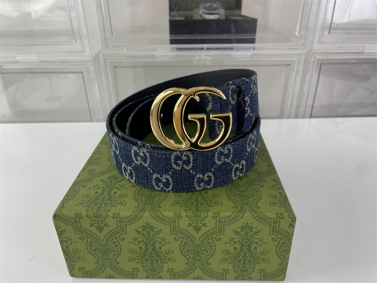 GUCCI Denim Blue Belt with Yellow GOLD head, (4cm width, 85-125cm length)