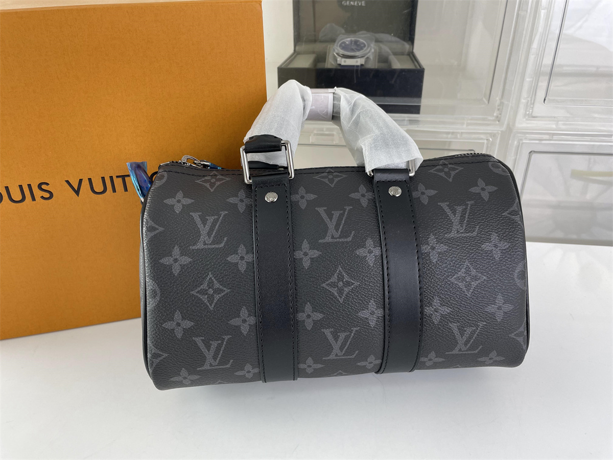 LV Louis Vuitton 25 Keepall Black Grey handling travelling bag, (25 x 15 x 11 cm)